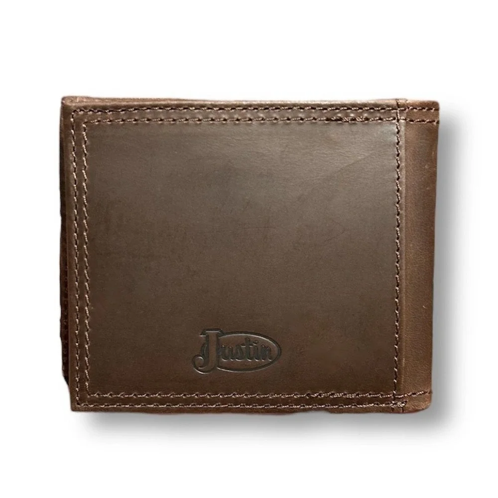 New Justin Brown Genuine Leather Bifold Wallet RFID Western Rodeo Boot Stitching